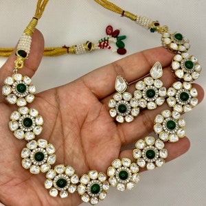 Sabyasachi Inspired Bridal Moissanite Uncut Polki Kundan Medium Length/ Choker Necklace Set, with Earrings - Emerald Green