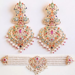 Gold Finish Multicolor Navratan Choker Necklace Set with Earrings