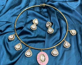 Sabyasachi Tyaani Inspired Gold Tone Finish Moissanite Uncut Polki Kundan Statement Hasli Choker Necklace with Earrings - Light Baby Pink