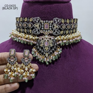 Sabyasachi Inspired Victorian Finish Dual Tone Choker Set with Pearls, Mint Green, Pink Stones and Beads - Black Metal Finish Base