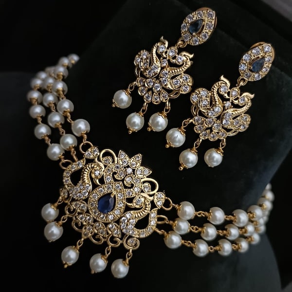 Sabyasachi Inspired Gold Finish Choker Set with Pearls and American Diamond Stones - Blue