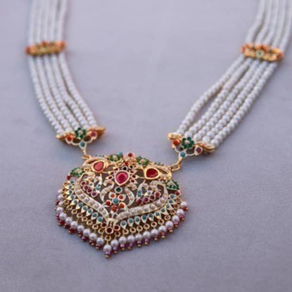 Gold Finish Navratan Stone and Pearl Rani Haar Long Necklace