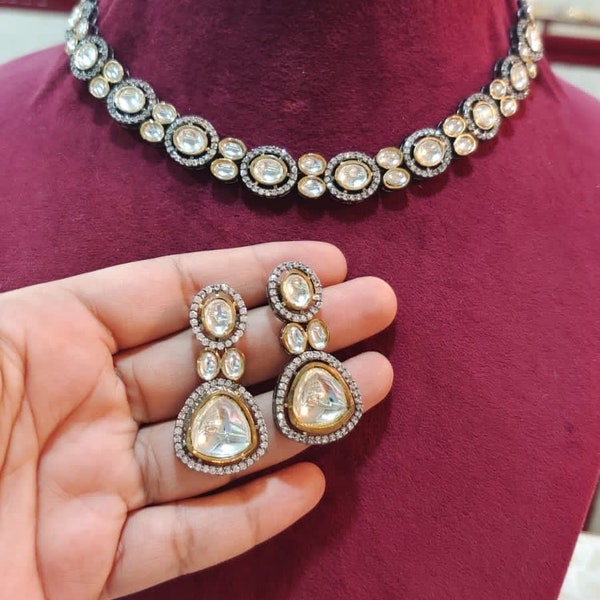 Sabyasachi Inspired Victorian Dual Tone Finish Uncut Polki Kundan Necklace with Earrings