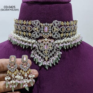 Sabyasachi Inspired Victorian Finish Dual Tone Choker Set with Pearls, Mint Green, and Pink Stones and Beads - Silver Metal Finish Base