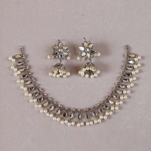 Mirror Work Kundan Silver Finish Set with Jhumkey