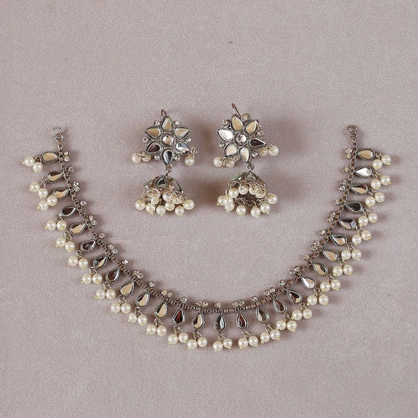 Mirror Work Kundan Silver Finish Set with Jhumkey