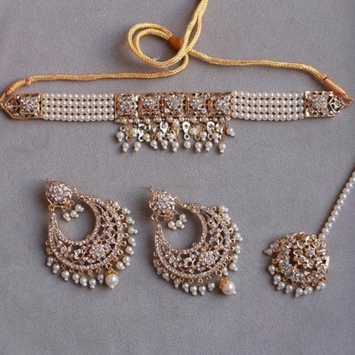 Gold Finish Choker Set With Earrings and Tika Etsy