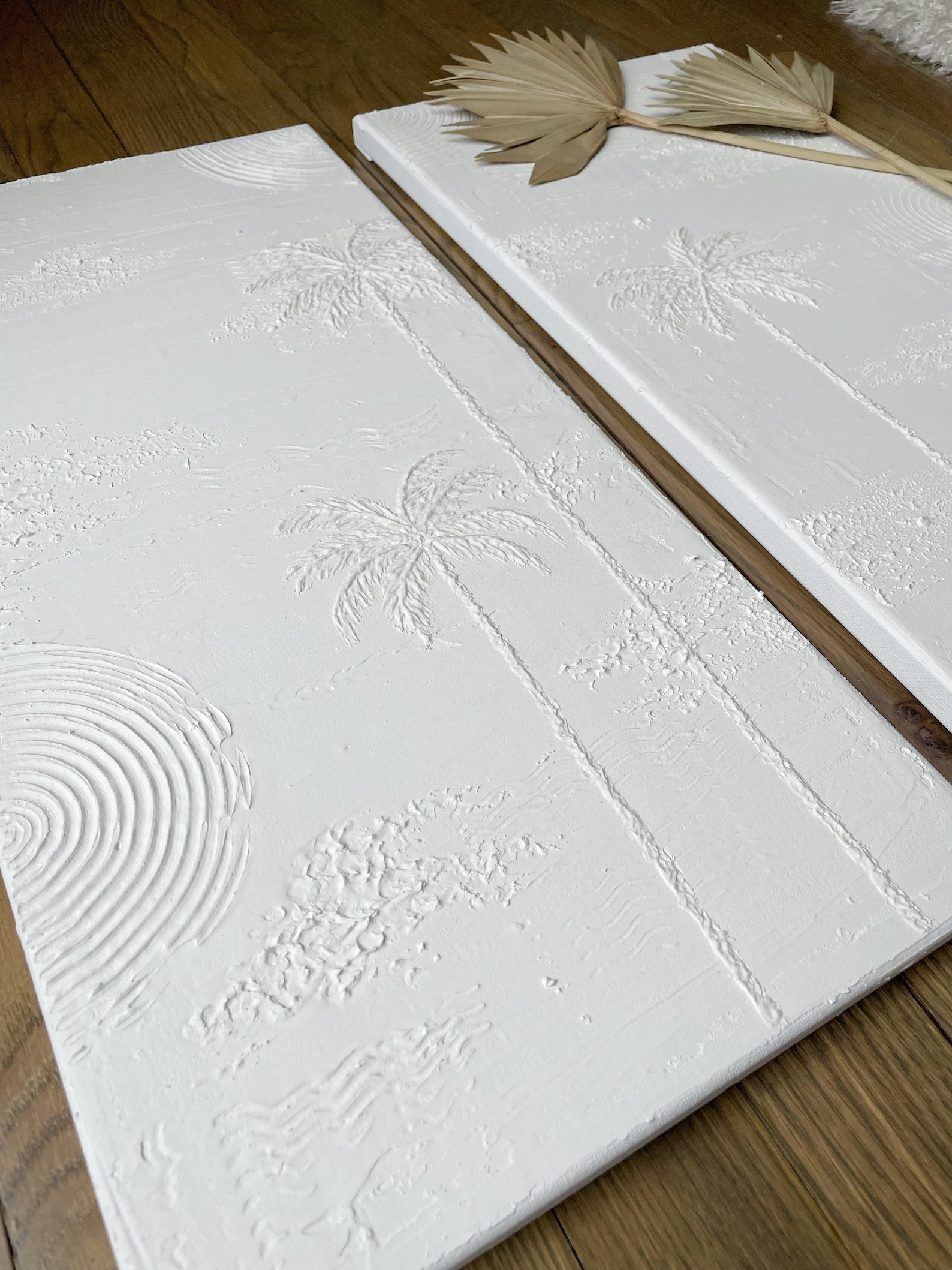 PALMS Set of 2 Textured Plaster Wall Art Minimalist Art White Textured