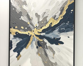 Abstract Art Canvas, 36x48, Gold, Gray, Navy, Minimalist Black Frame