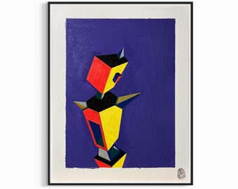 すぐに掛けられるオリジナルの抽象的具象絵画。銅の背景に明るい小さな