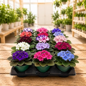 May include: A tray of African violet plants in a greenhouse setting. The plants feature vibrant blooms in various colors, including purple, pink, white, and blue. Each plant is in a small green pot, with lush green leaves. The background includes wooden tables and other plants.