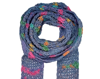 Mezcla de algodón tejido a mano azul polvoriento y turquesa, rosa fuerte, naranja, verde y amarillo bufanda delgada unisex, bufanda de gargantilla, bufanda de collar