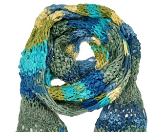 Bufanda flaca, tejida a mano, mezcla de algodón / azul, verde azulado, verde y amarillo / unisex / bufanda gargantilla, bufanda collar, bufanda de cinta, joyería textil