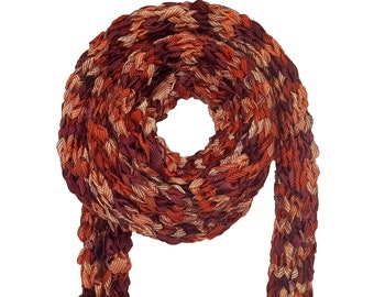 Bufanda flaca, tejida a mano, mezcla acrílica / naranja otoño, granate y mostaza / unisex / bufanda gargantilla, bufanda collar, joyería textil