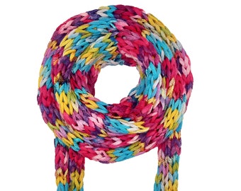 Bufanda delgada, tejida a mano, mezcla de algodón / rosa, púrpura, turquesa y amarillo / unisex / bufanda gargantilla, bufanda collar, bufanda de tubo