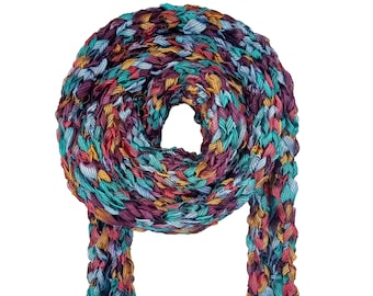 Bufanda flaca, tejida a mano, mezcla acrílica / verde azulado, azul, púrpura, mostaza y rosa / unisex / bufanda gargantilla, bufanda collar, joyería textil