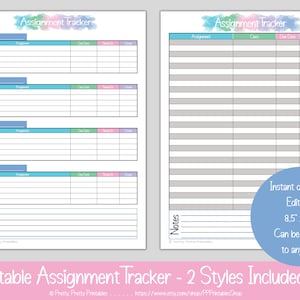School Assignment Tracker - Printable & Editable - College Assignment Tracker - Assignment Schedule - Instant Download - Pastel Rainbow