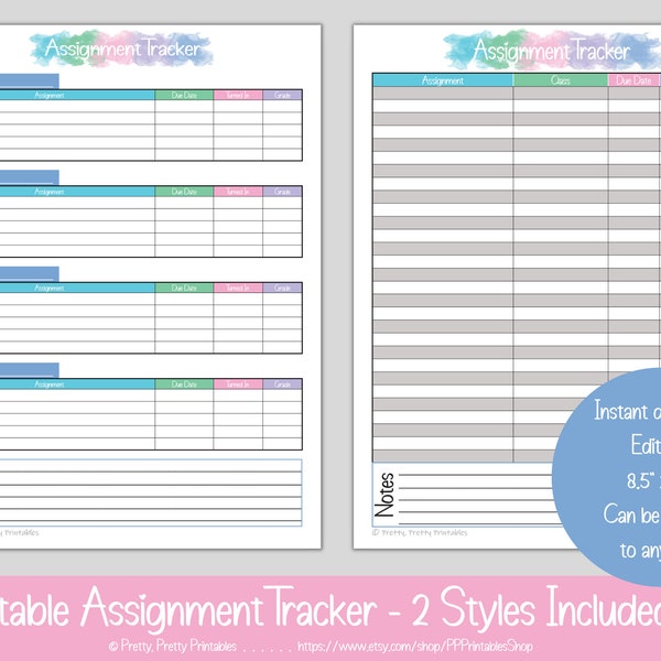 Weekly Assignment Tracker Printable Etsy