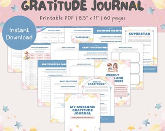 May include: A printable gratitude journal for kids with a colorful watercolor design featuring clouds and stars. The journal includes activities, prompts, and space for writing. The cover features the text "My Awesome Gratitude Journal".
