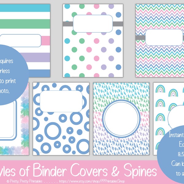 Binder Covers, Backs, Spines and Inside Cover Pages - Printable & Editable -7 Styles -Striped -Polka Dot -Rainbow -Chevron Circles Scribbles