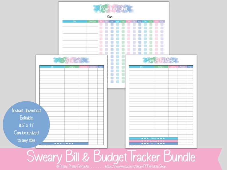 Sweary Monthly Bill + Budget Tracker Bundle - Editable & Printable ...