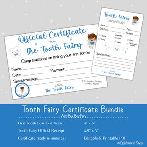 Certificado e recibo da Fada do Dente | Fada menino | Primeira visita da Fada dos Dentes | Carta da Fada do Dente | Fada do Dente para impressão | Carta Editável