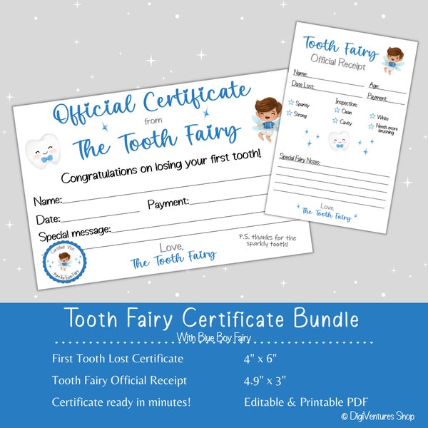 Tooth Fairy Certificate & Receipt | Boy Fairy | First Visit from Tooth Fairy | Tooth Fairy Letter | Tooth Fairy Printable | Editable Letter