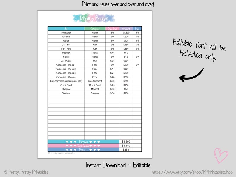 Monthly Bill + Budget Tracker Bundle - Editable & Printable - Pastel ...
