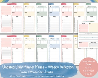 Pode incluir: Páginas de planejador diário sem data imprimíveis com uma seção de reflexão semanal. As páginas são projetadas com um fundo de aquarela colorido e incluem seções para listas de tarefas, exercícios, cronograma e notas. As páginas do planejador medem 8,5 polegadas por 11 polegadas e podem ser redimensionadas para qualquer tamanho.