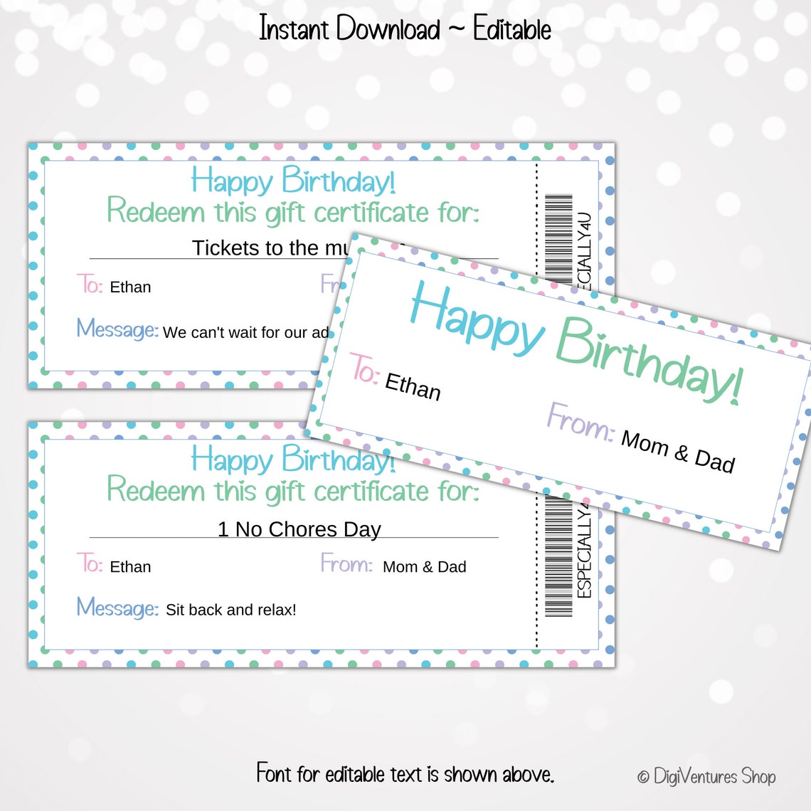 Birthday Gift Certificate Template Printable & Editable Rainbow Polka ...