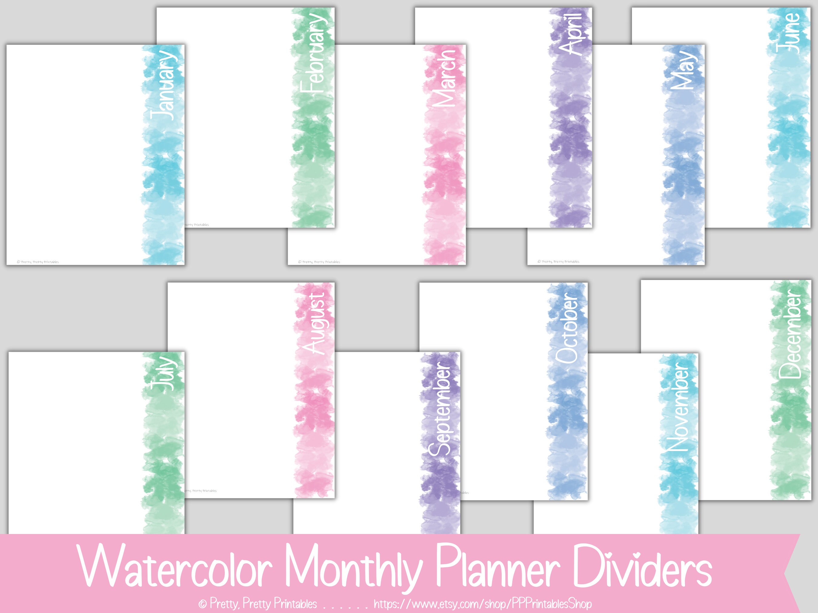 Monthly Planner Dividers - Printable - Striped Banner - Watercolor ...