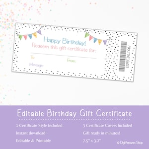Birthday Gift Certificate Template | Printable & Editable | Rainbow Banner | DIY Birthday Gift | Last Minute Gift | Birthday Coupon Book