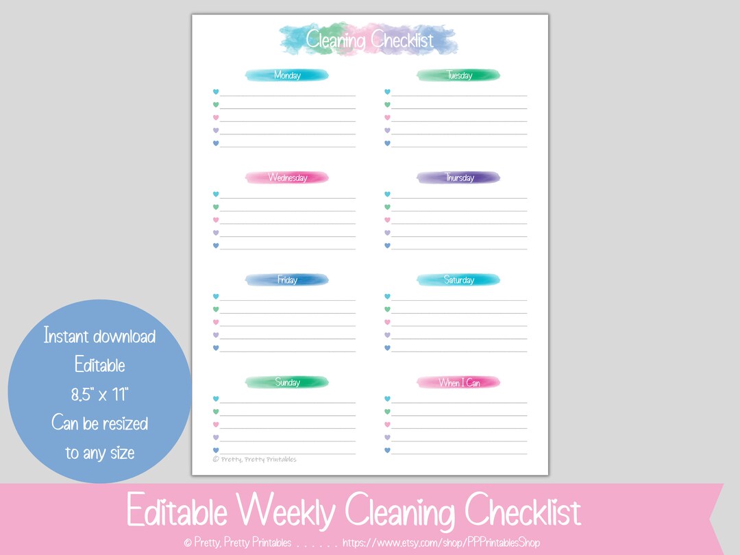 Weekly Cleaning Checklist - Editable & Printable - Pastel Rainbow ...