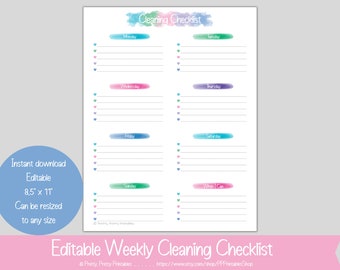 Weekly Cleaning Checklist - Editable & Printable - Pastel Rainbow - Watercolor Banner - Housekeeping Checklist - Maid Checklist