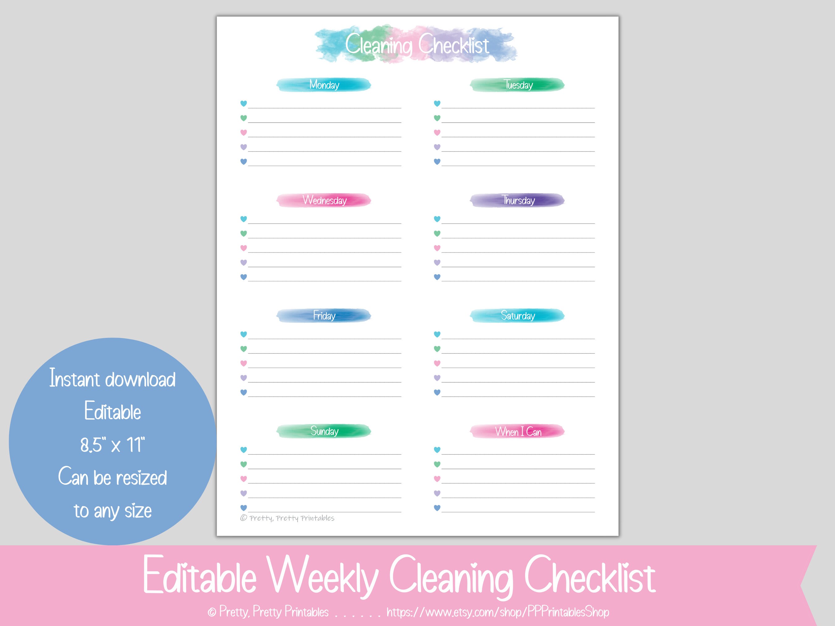 Weekly Cleaning Checklist - Editable & Printable - Pastel Rainbow ...