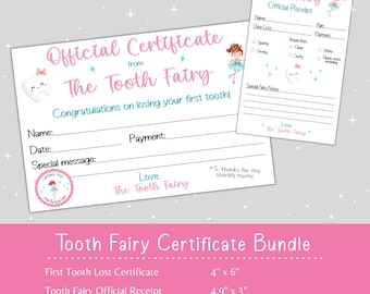 Puede incluir: Paquete de certificados de hada de los dientes imprimibles con un esquema de color rosa y azul. El paquete incluye un certificado para un diente perdido y un recibo del hada de los dientes. El certificado mide 4 pulgadas por 6 pulgadas y el recibo mide 4,9 pulgadas por 3 pulgadas.