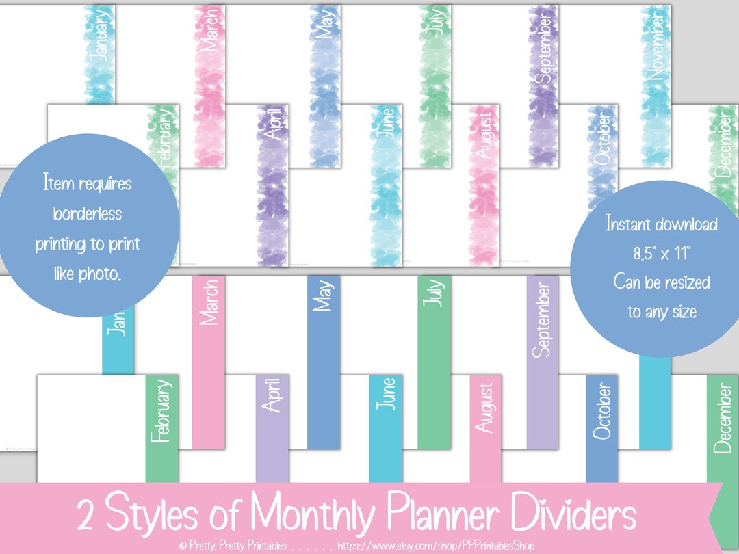 Monthly Planner Dividers - Printable - Striped Banner - Watercolor ...