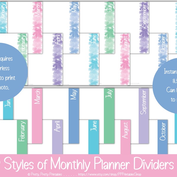 Monthly Planner Dividers - Printable - Striped Banner - Watercolor - Blue, Green, Pink, Teal, Purple, Multi-Colored - Monthly Sections