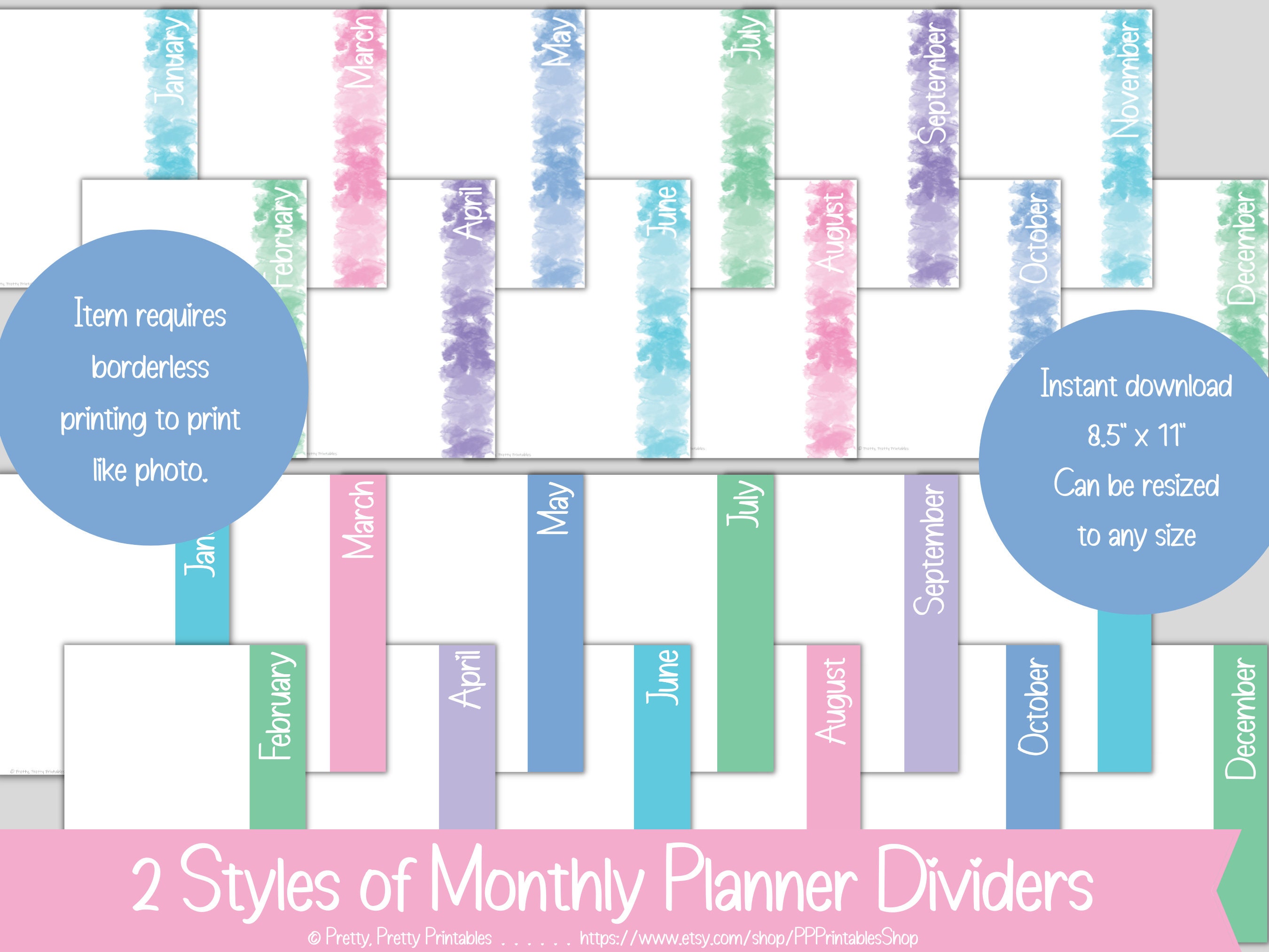 Monthly Planner Dividers - Printable - Striped Banner - Watercolor ...