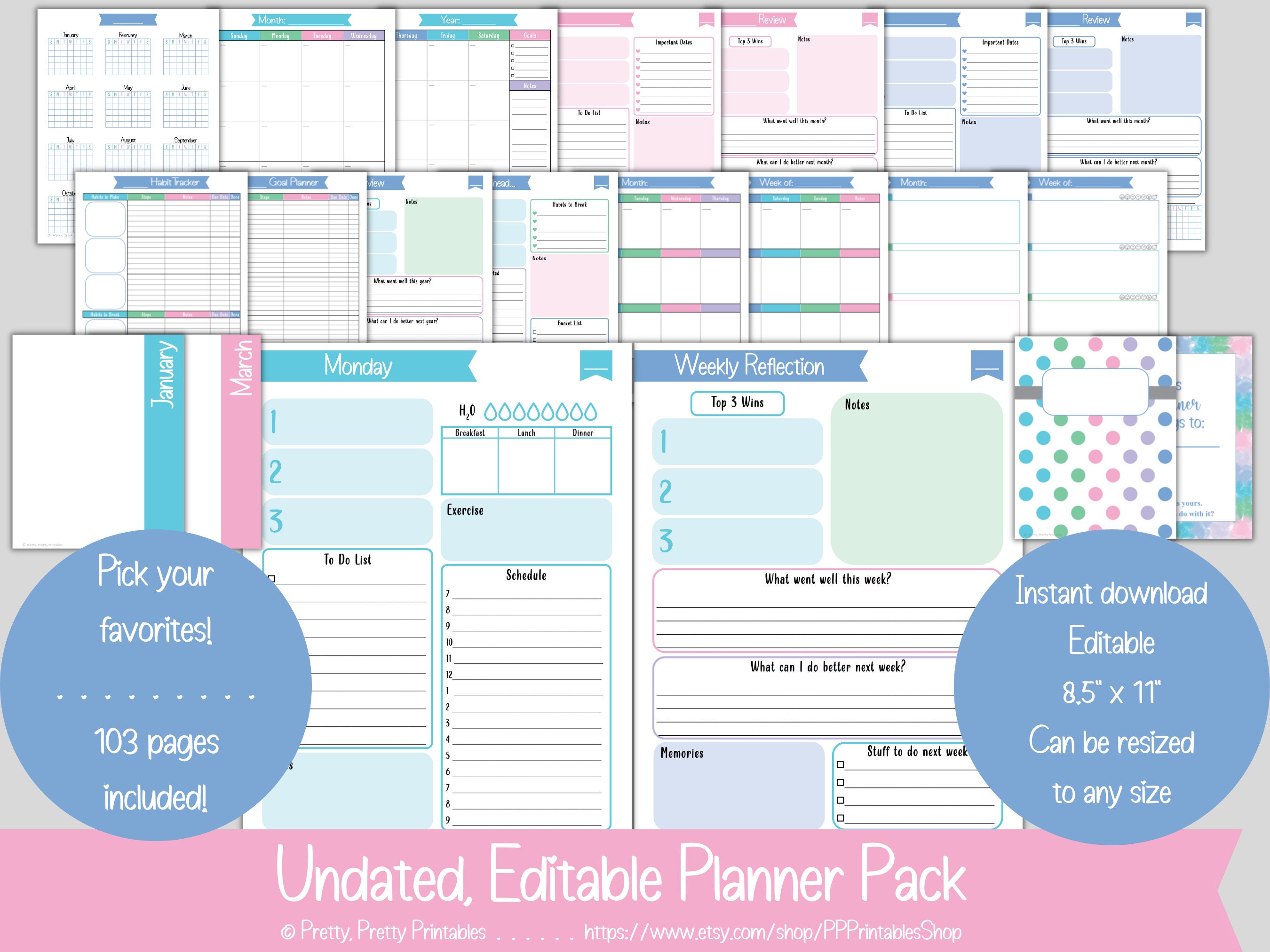Undated Planner Pack Printable &amp; Editable - Etsy