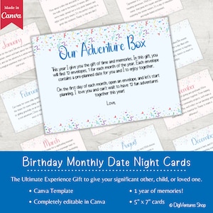 Birthday Monthly Date Night Cards | Adventure Box | 12 Months of Dates | Experience Gift | Last Minute Gift | DIY Present | Date Night Box