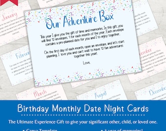 Birthday Monthly Date Night Cards | Adventure Box | 12 Months of Dates | Experience Gift | Last Minute Gift | DIY Present | Date Night Box