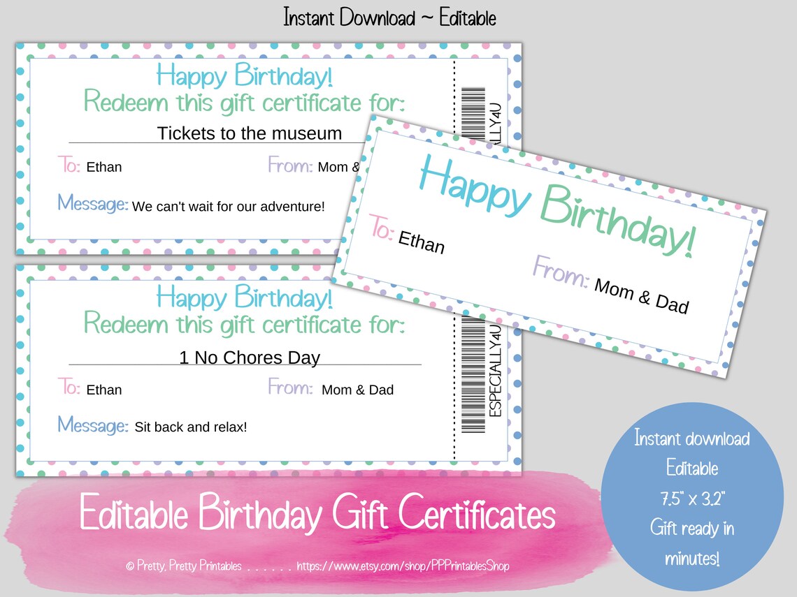 Birthday Gift Certificate Template printable &amp; Editable DIY - Etsy