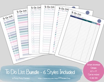 To Do List Bundle 6 Styles - Printable & Editable - Polka Dot Minimalist - Instant Download - Pastel Rainbow - Checklist - Hearts -Blue Pink