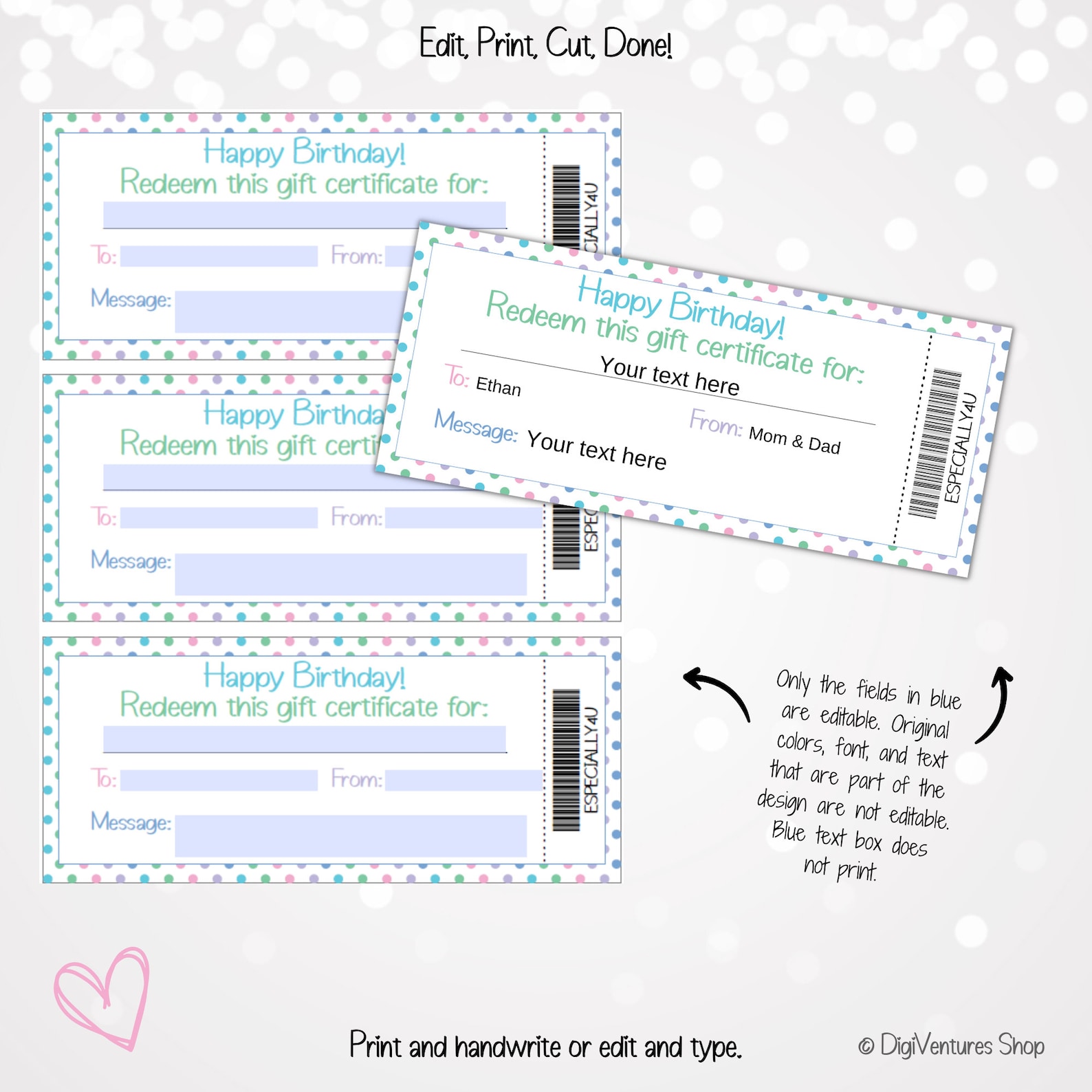 Birthday Gift Certificate Template Printable & Editable Rainbow Polka ...