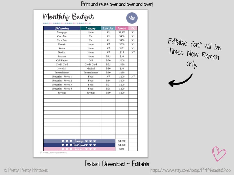 Monthly Bill + Budget Tracker Bundle - Minimalist Polka Dot - Editable ...
