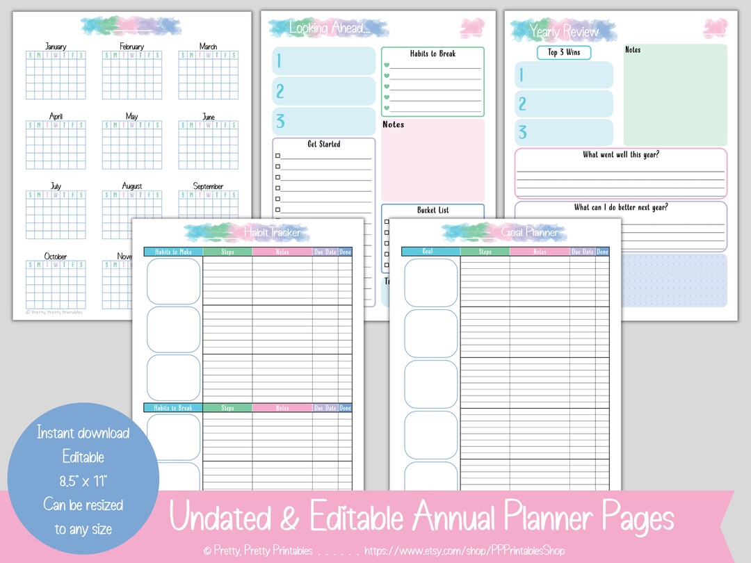 Undated Annual Review &amp; Planner Pages - Printable - Editable ...