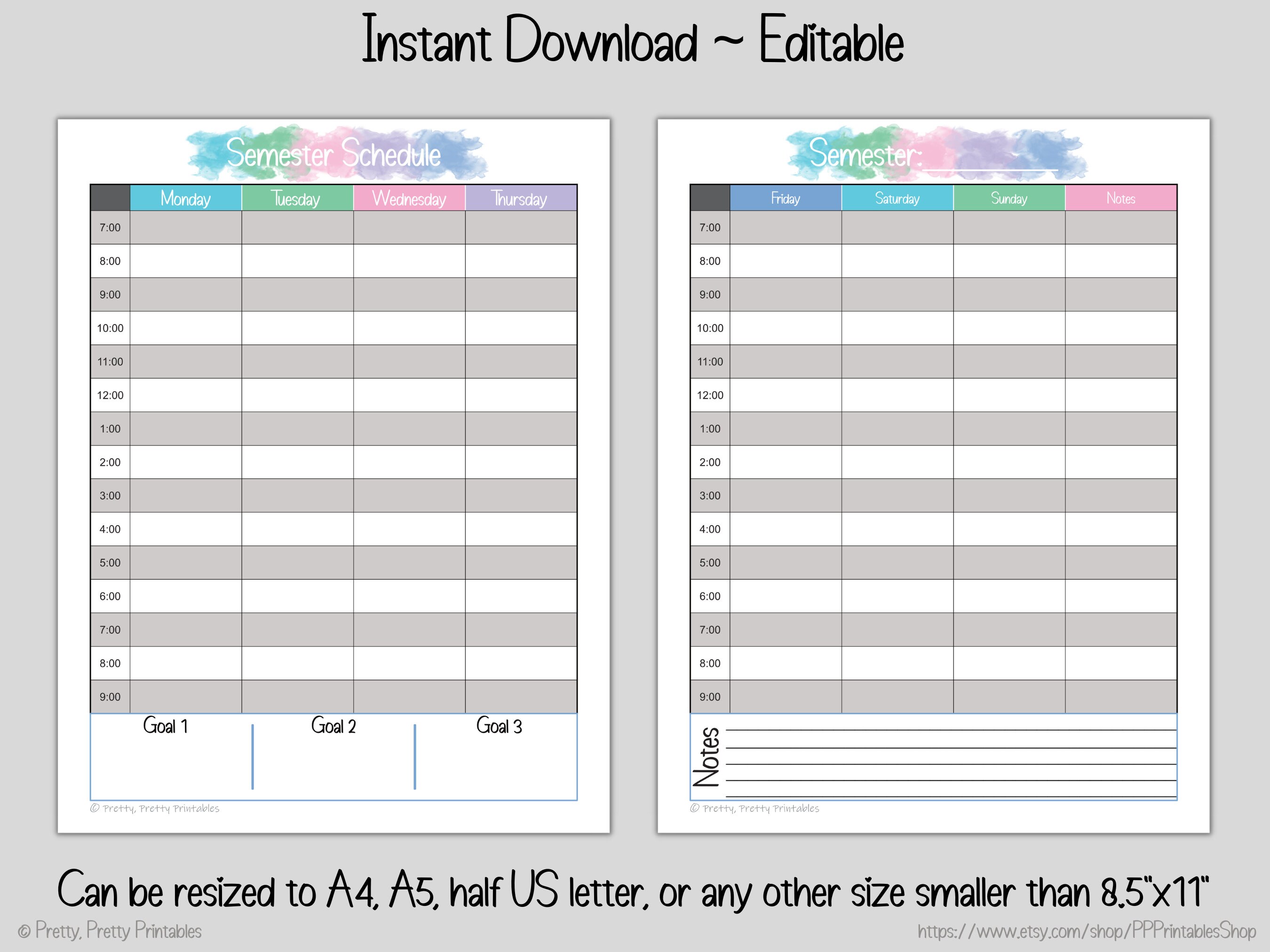 School Semester Schedules Printable &amp; Editable Student - Etsy