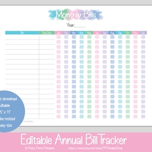Annual Bill Tracker - Editable & Printable - Pastel Rainbow - Watercolor Banner - Bill Due Date - Bill Paid - Bill Tracker - Budget Tracker