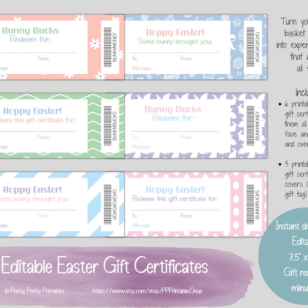 Easter Gift Certificates - 6 Styles - Printable & Editable -Easter Basket Stuffer -DIY -Last Minute Gift -Experience Gift For Kids or Adults